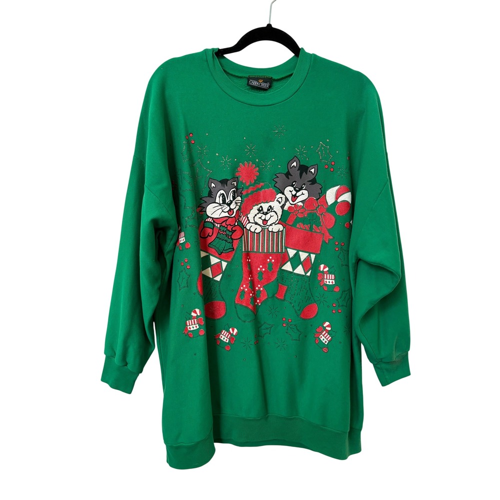 Vintage Cabin Creek Christmas Kittens Green Sweatshirt Oversized XL Holiday